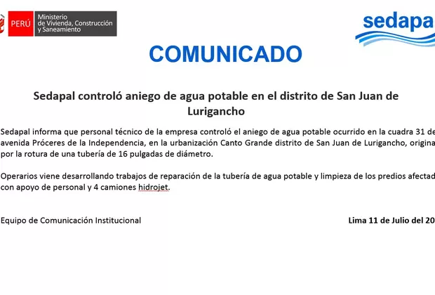 SJL: Sedapal controló aniego causado por tubería rota frente a sus oficinas