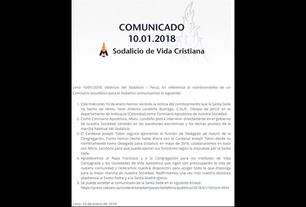 Sodalicio tras anuncio de intervención del Vaticano: 