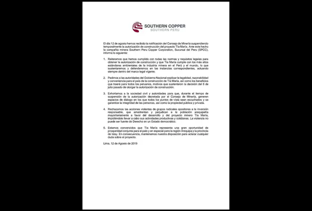 Southern: Defenderemos el proyecto Tía María en las instancias correspondientes