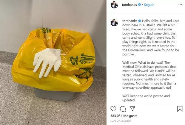 Tom Hanks y su esposa anuncian que contrajeron coronavirus