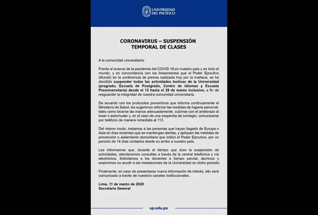 Universidad del Pacífico suspende clases hasta el 29 de marzo por coronavirus