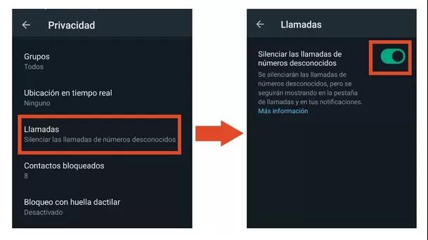 Opción para dejar de recibir llamadas de desconocidos en WhatsApp. (Foto: ÚtileInteresante.pe)