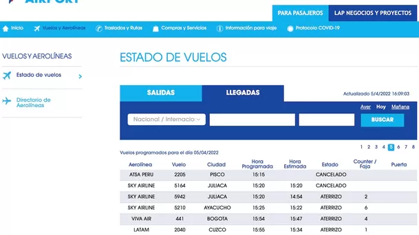 El estado de los vuelos de este martes 5 de abril (Foto: Lima Airport Partners)