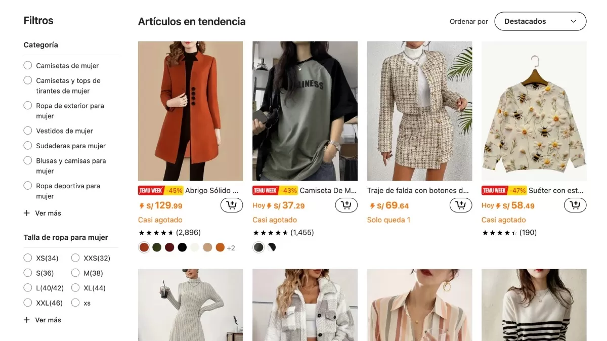 Los artículos de ropa en Temu se dividen en subcategorías para una compra más precisa.