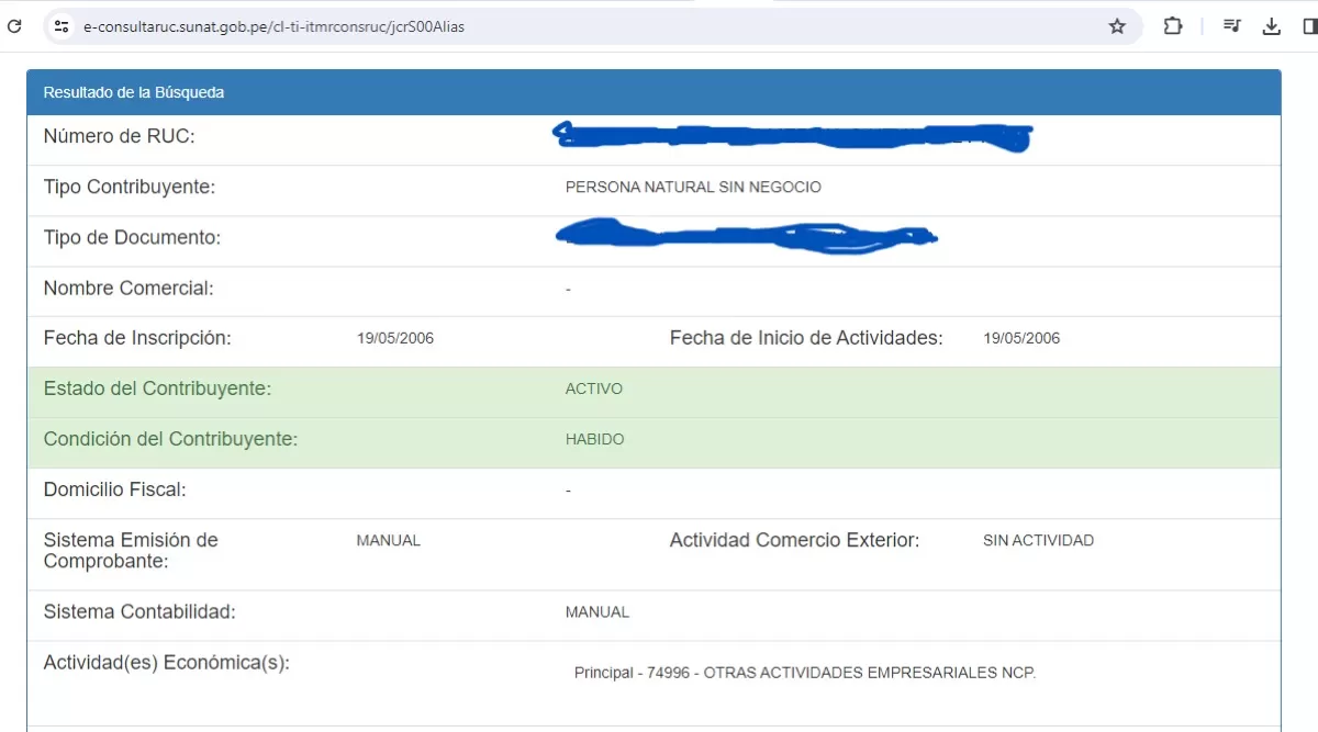 Datos que aparecen cuando haces consulta del estado de tu RUC en Sunat