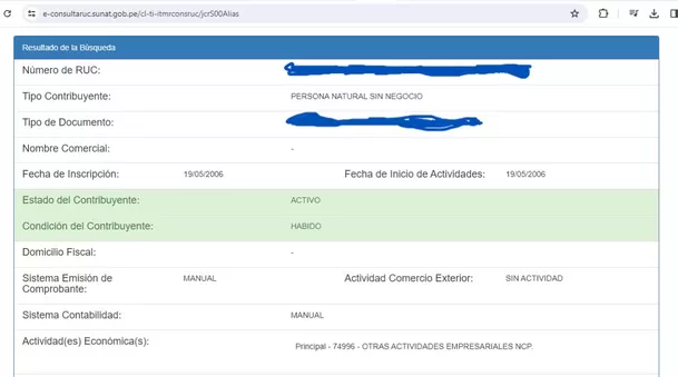 Datos que aparecen cuando haces consulta del estado de tu RUC en Sunat