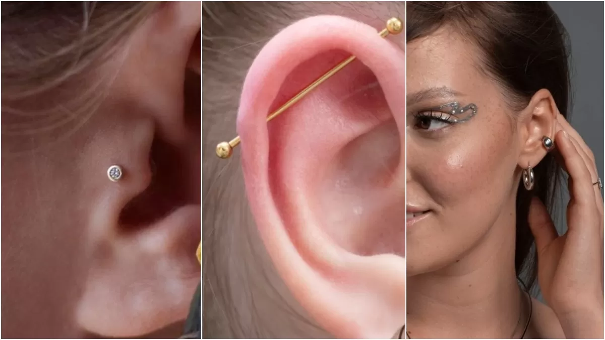 Piercing tragus, indulstrial y hélix en la oreja.