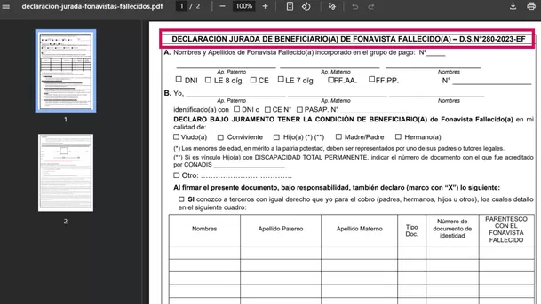 Declaración jurada para registro de herederos de fonavistas fallecidos. 