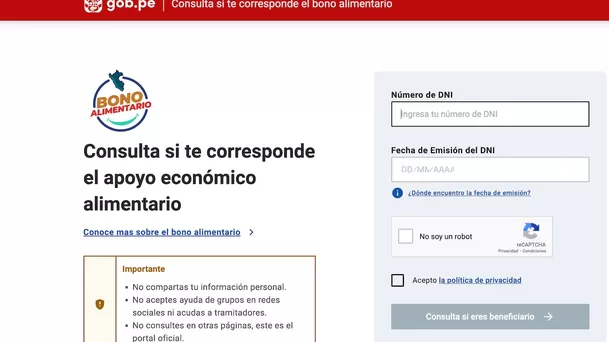 Completa los datos para conocer si eres beneficiario del Bono Alimentario