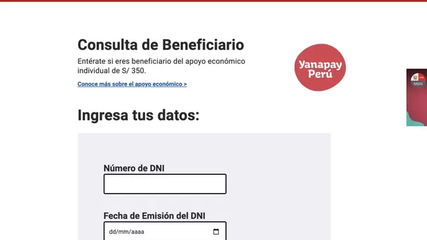 Página web del Bono Yanapay.