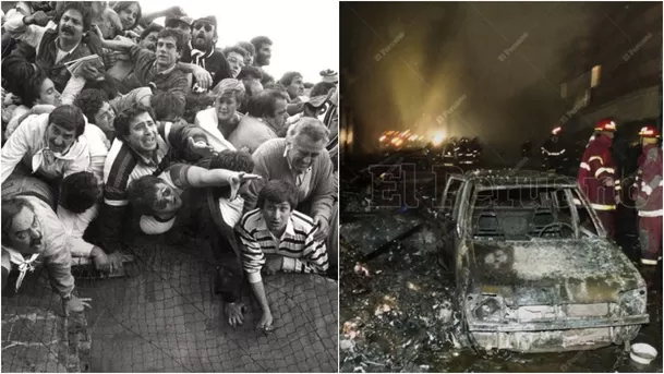 Tragedia en el Estadio Nacional de Lima, 1964. / Incendio en Mesa Redonda, 2001. (Fotos: Municipalidad de Miraflores / El Peruano)