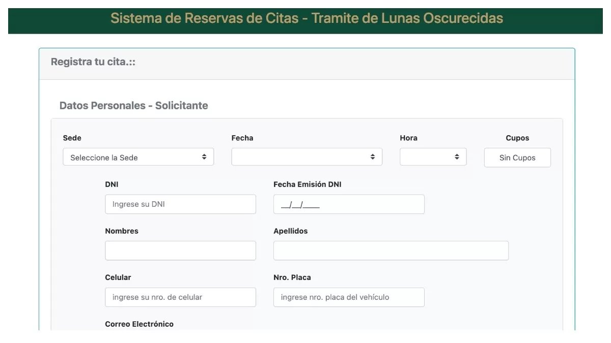 Sacar cita online para obtener permiso de lunas polarizadas. (Captura: ÚtileInteresante.pe)