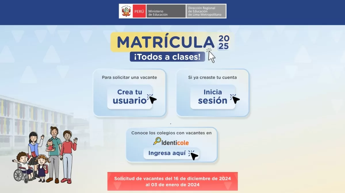 Plataforma virtual del Minedu para solicitar una vacante en la matrícula escolar 2025.