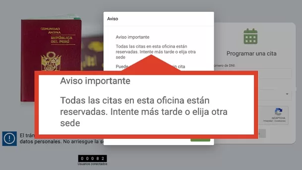 Sistema de citas saturado en la página web de Migraciones Perú.