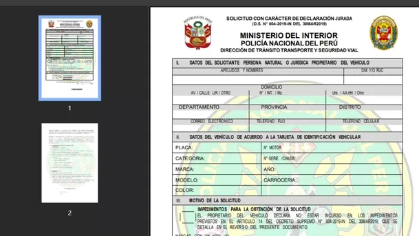 Solicitud con carácter de declaración jurada para lunas polarizadas.