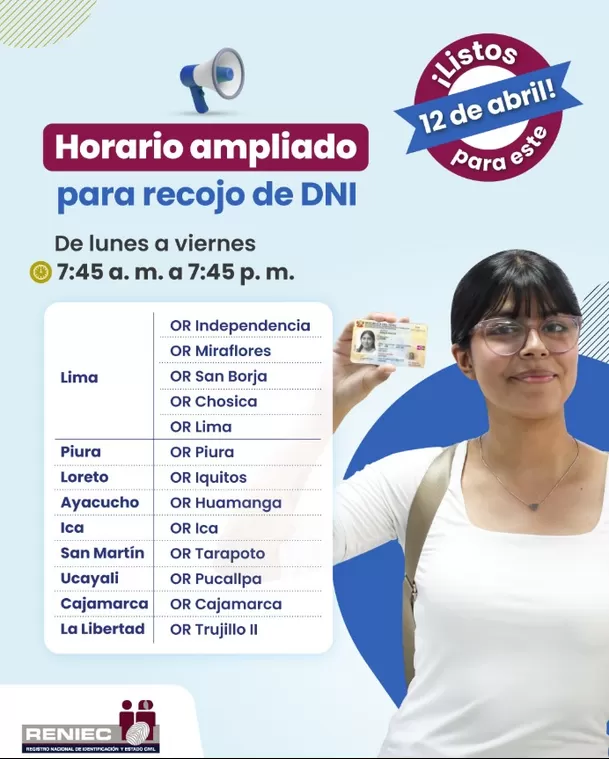 Reniec da a conocer su horario extendido para entrega de DNI hasta el 10 de abril.