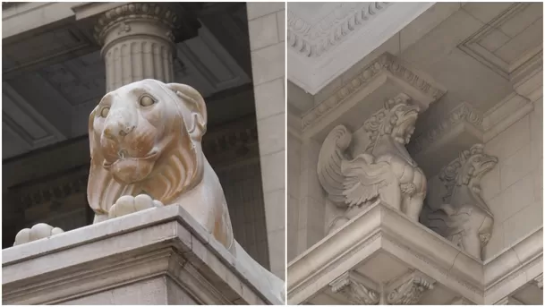 Leones y grifos ubicados en la entrada del Palacio de Justicia de Lima. (Fotos: ÚtileInteresante.pe) Leones y grifos ubicados en la entrada del Palacio de Justicia de Lima. (Fotos: ÚtileInteresante.pe)