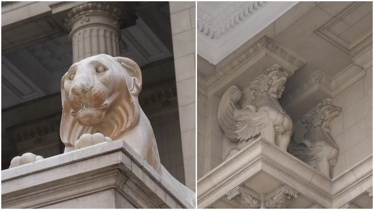 Leones y grifos ubicados en la entrada del Palacio de Justicia de Lima. (Fotos: ÚtileInteresante.pe)