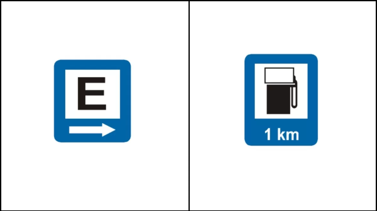 Señal de área de estacionamiento y señal de servicio de gasolina. (Fuente: MTC)