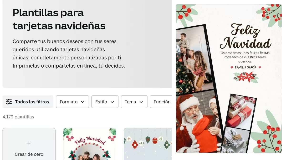 Plantillas de tarjetas navideñas en Canva para enviar por WhatsApp. (Captura: ÚtileInteresante.pe)