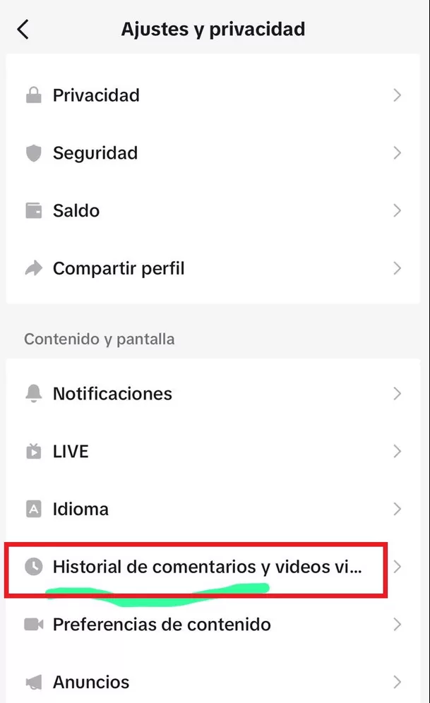 Opción de "Historial de comentarios y videos vistos" en Tik Tok. (Captura: América)