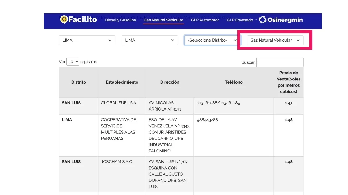 Venta de GNV en Lima. (Captura: Osinergmin)