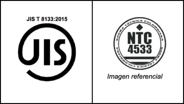 Certficación JIS T 8133:15 (izquierda) y NTC 4533 (derecha)