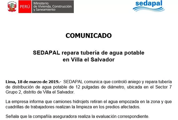 Villa El Salvador: más de 30 familias fueron afectadas por rotura de una tubería