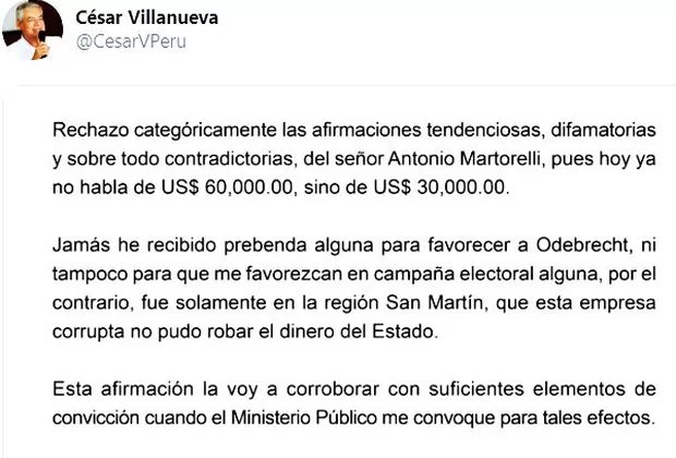 Villanueva: Rechazo afirmaciones de Martorelli, presentaré pruebas ante Fiscalía