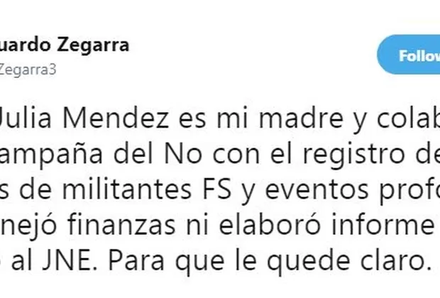 Zegarra: No conocía la existencia de la asociación que aportó a campaña del NO